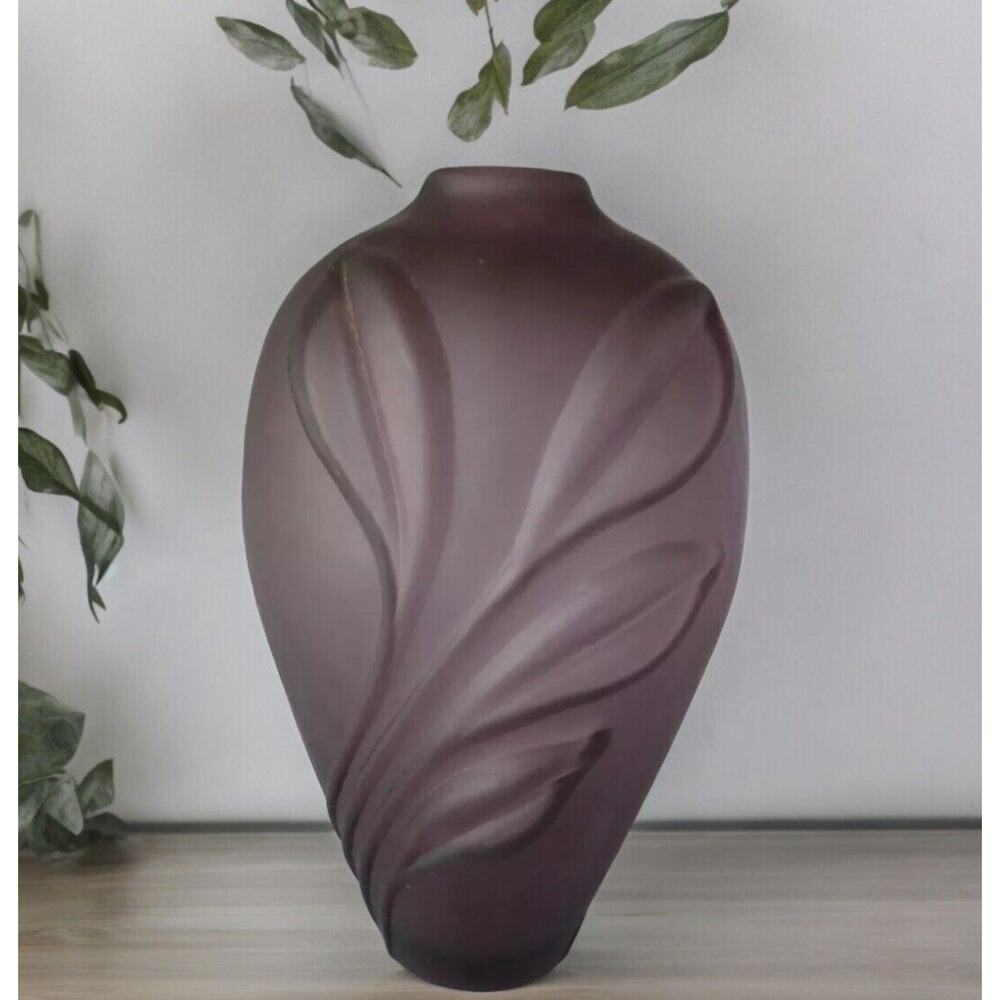 Two's Company Amethyst Hand Blown VASE Floral Embossed 6.5” x 4" Purple Glass